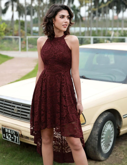 Dressystar Women Halter Lace Wedding Guest Dress Hi-Lo Cocktail Party Bridesmaid Formal Dresses