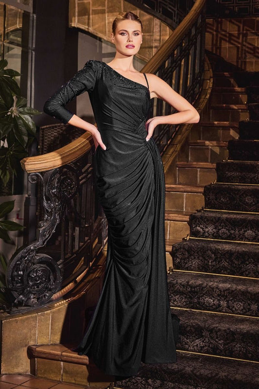 One Shoulder Stretch Satin Fitted Gown-0